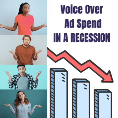Voice Over Ad Spend in a Recession. People looking confused reacting to a negative economic graph.